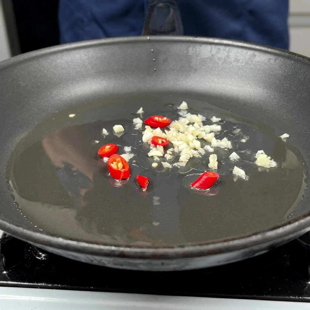 Una padella con olio caldo, aglio tritato, cipolla rossa e peperoncini che soffriggono.