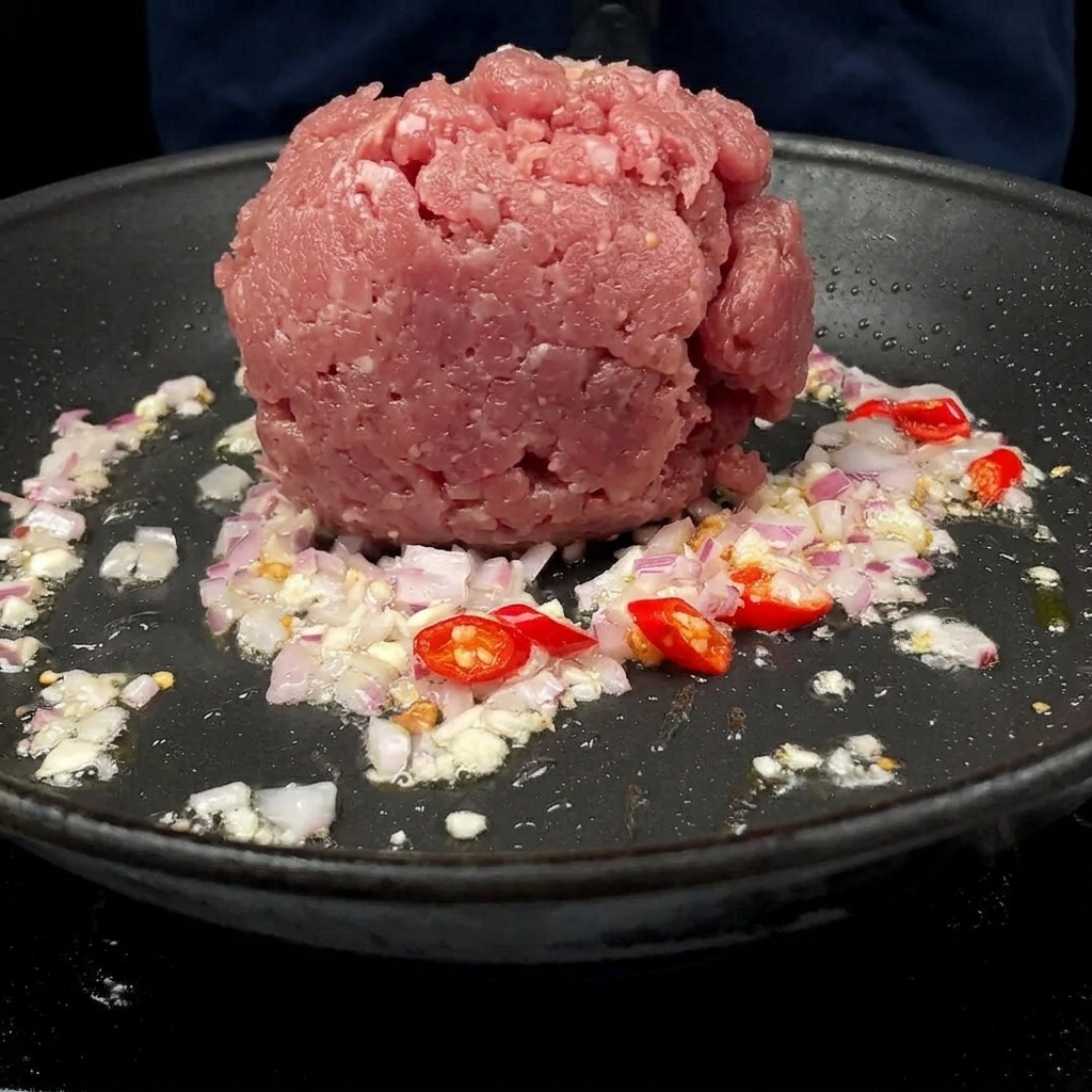 Carne di maiale macinata aggiunta in una padella con aromi soffritti.
