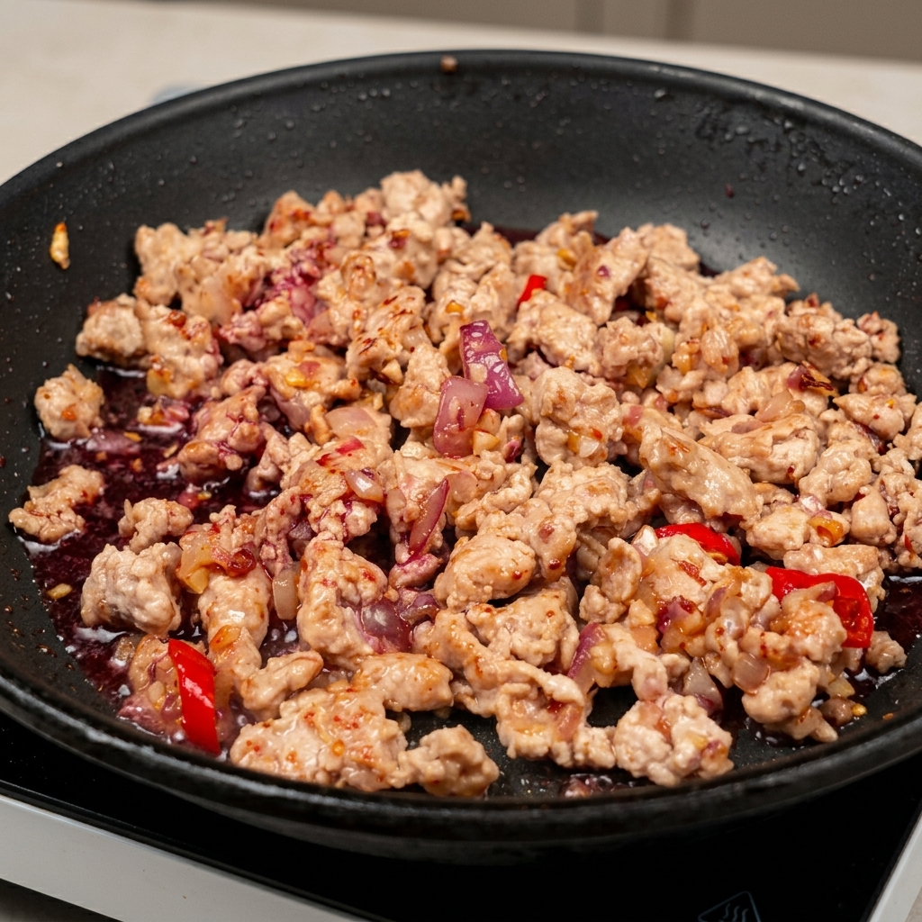 Vino rosso versato in una padella con carne di maiale.