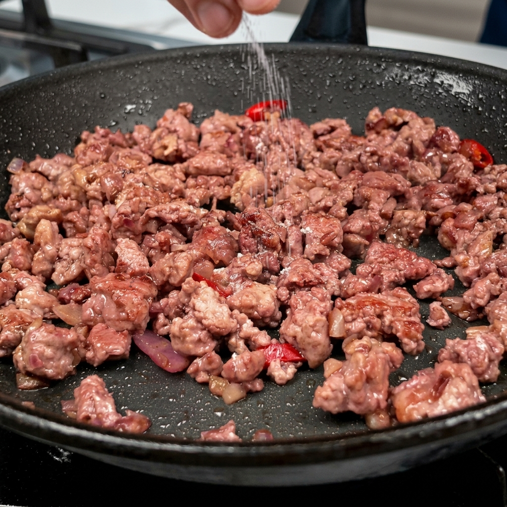 Sale marino e pepe nero macinato sopra la carne in cottura.