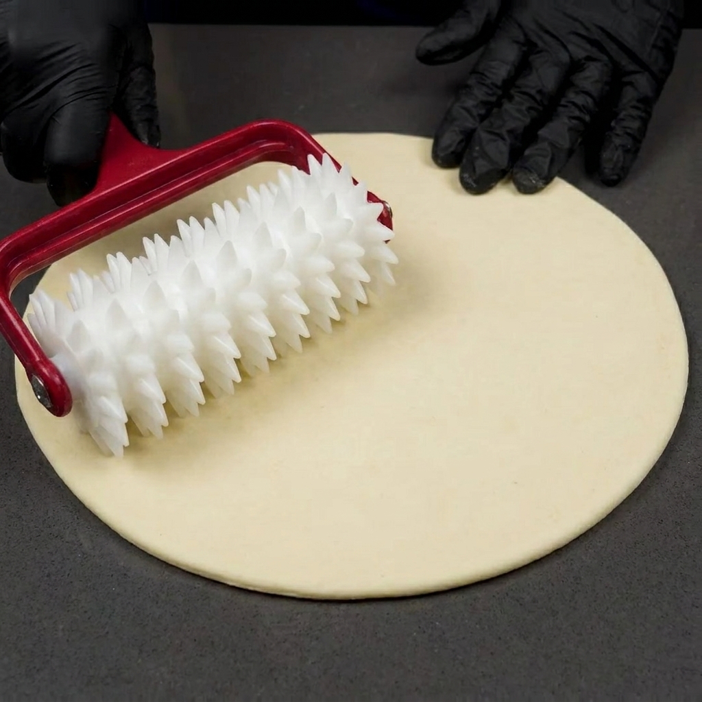 Un rullino bucatore per impasti utilizzato per creare fori sulla base della pizza.