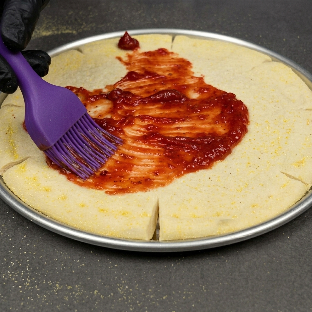 Pennello in silicone che applica salsa rossa al centro della pizza.
