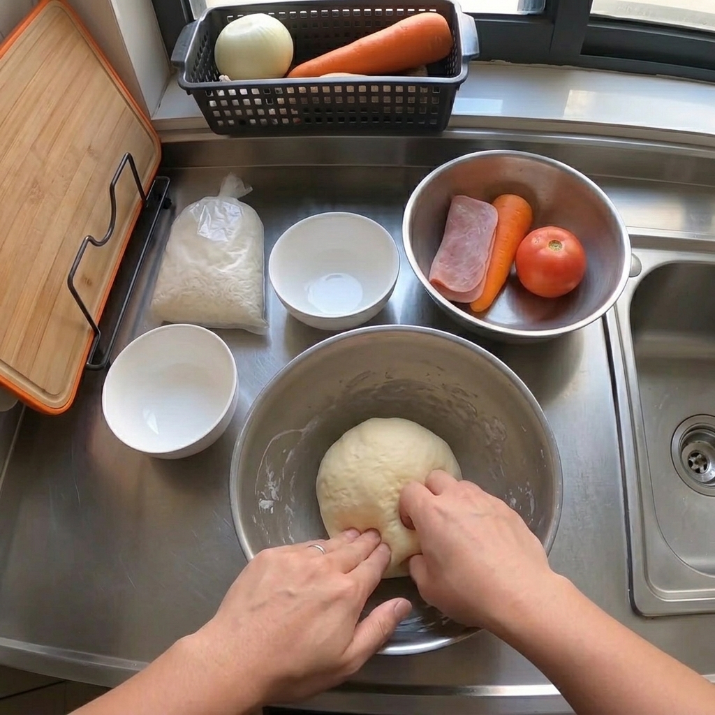 Mani che distribuiscono formaggio grattugiato e carne cotta sulla base.