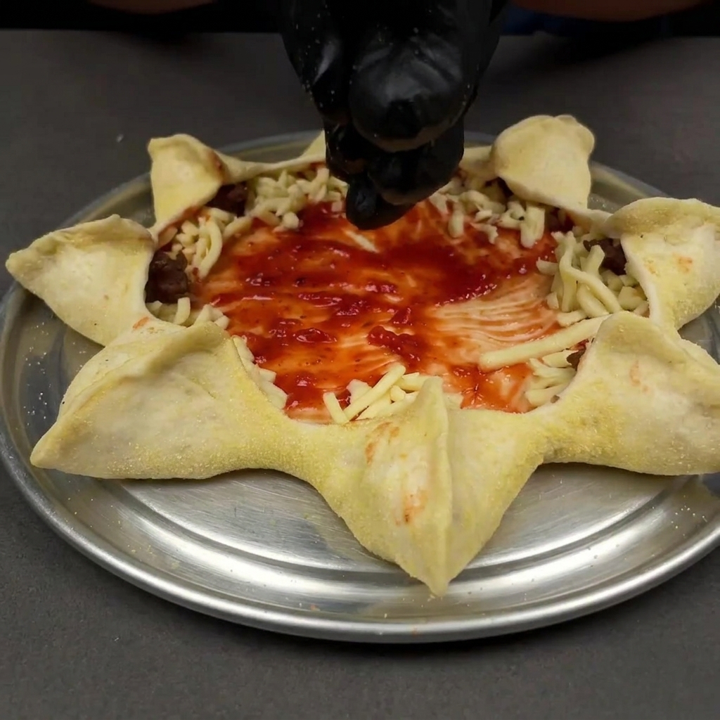 Mani che ripiegano i segmenti di pasta verso il centro per creare la forma a stella.