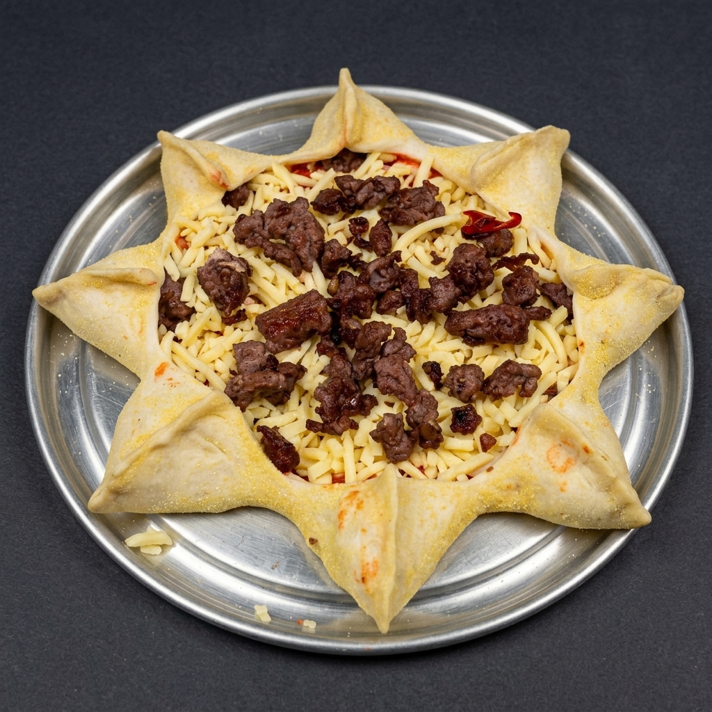 Pizza a forma di stella pronta per il forno, guarnita con funghi e pomodorini.