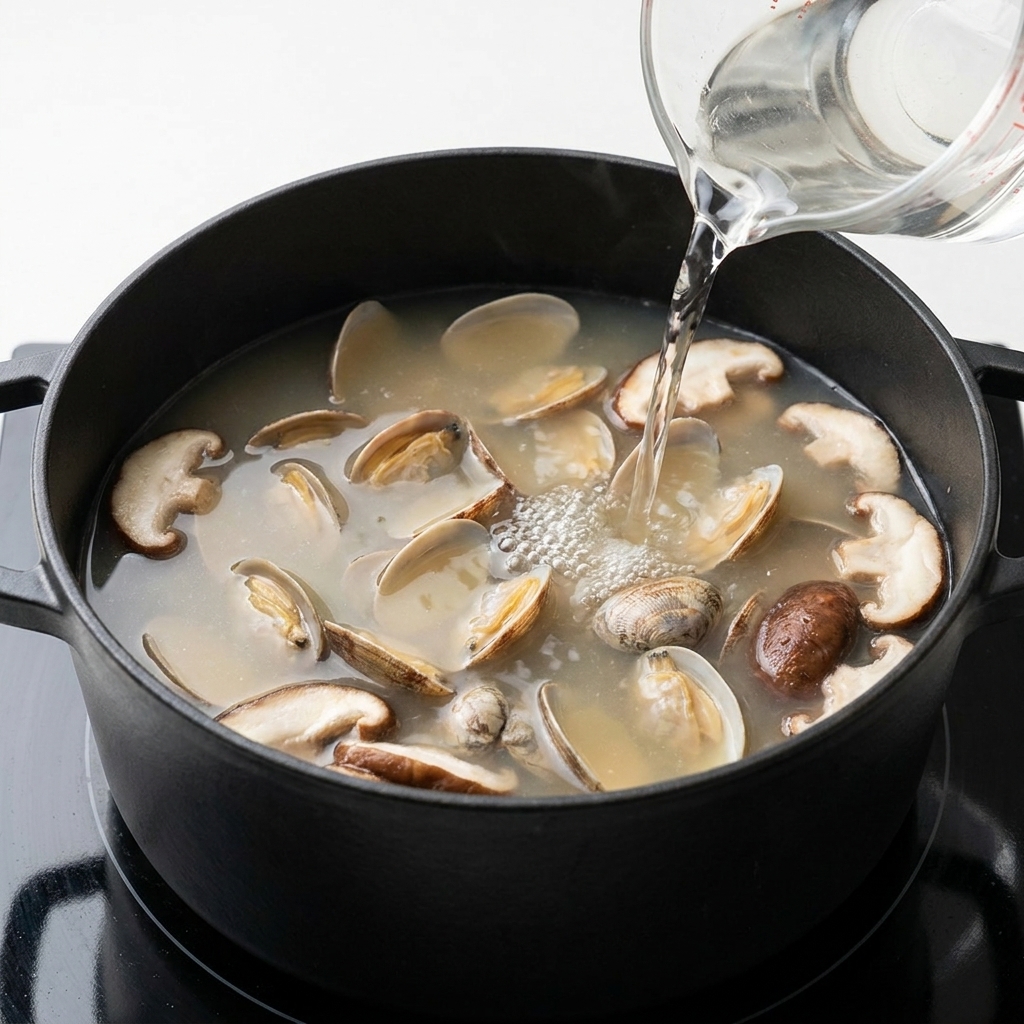 Vino da cucina versato nella pentola della zuppa in ebollizione.