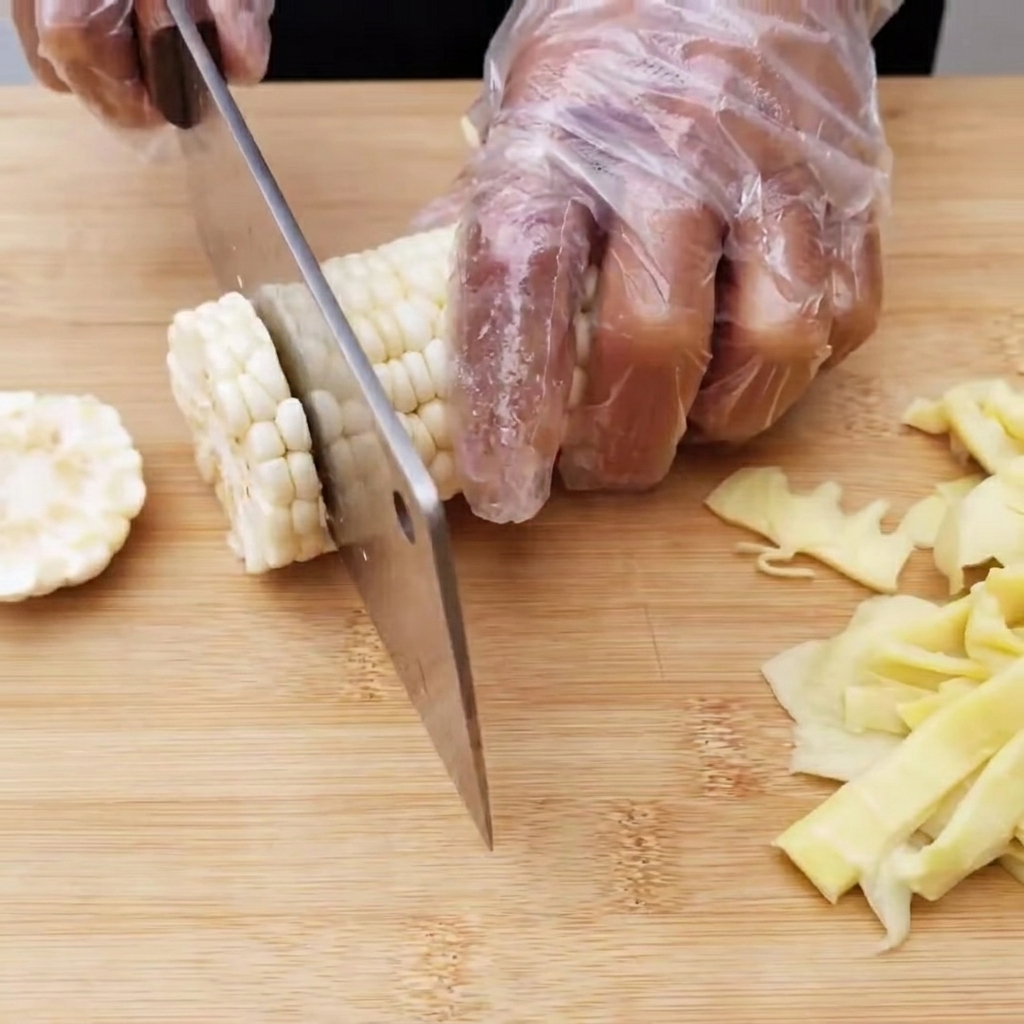 Una pannocchia di mais tagliata a rondelle sottili e uniformi su un tagliere di legno.