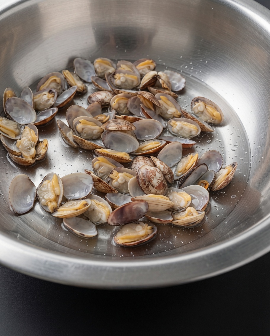 Gusci di vongole sbollentati che vengono sciacquati sotto un getto di acqua fredda in una ciotola di acciaio inox.