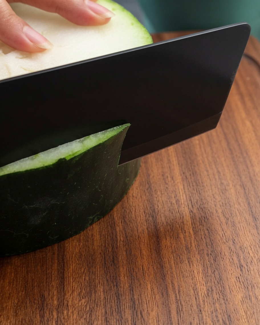 Un coltello da chef nero affetta un pezzo di melone invernale fresco su un tagliere di legno scuro.