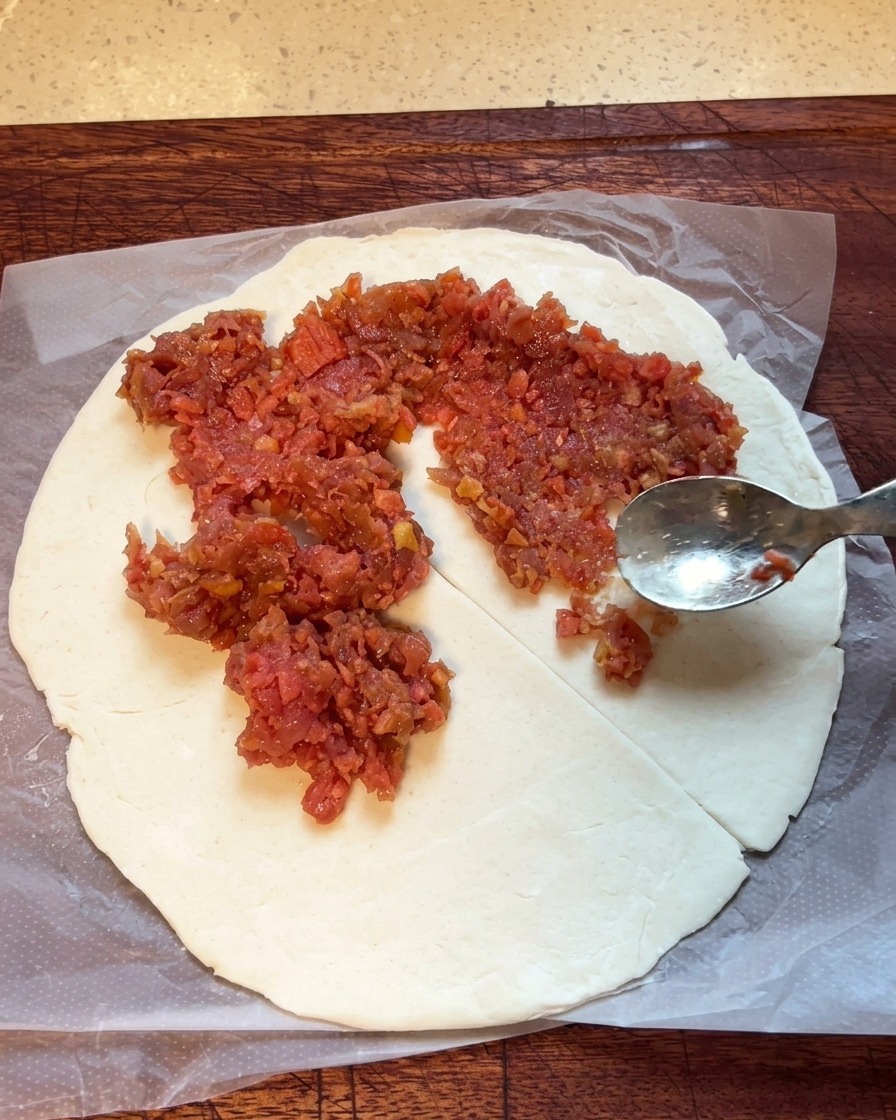 Il ripieno di carne viene spalmato su un pancake allo scalogno con un cucchiaio di metallo, coprendo la maggior parte della superficie.