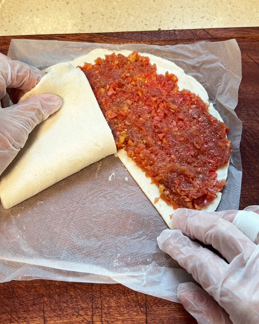 Un pancake allo scalogno ripiegato strato dopo strato mentre si indossano guanti di plastica, mostrando il ripieno allinterno.