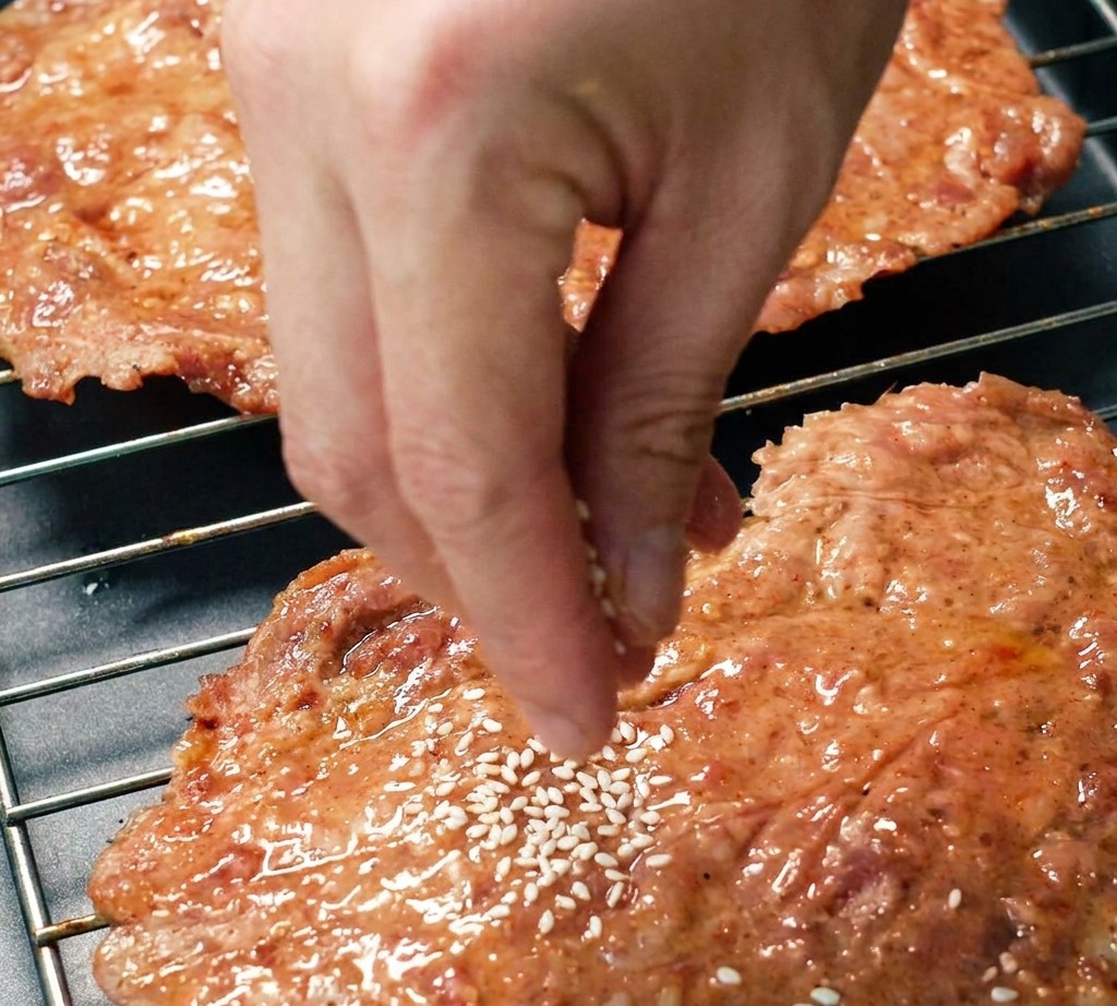 Semi di sesamo bianco cosparsi sopra le fette di jerky di maiale glassate.