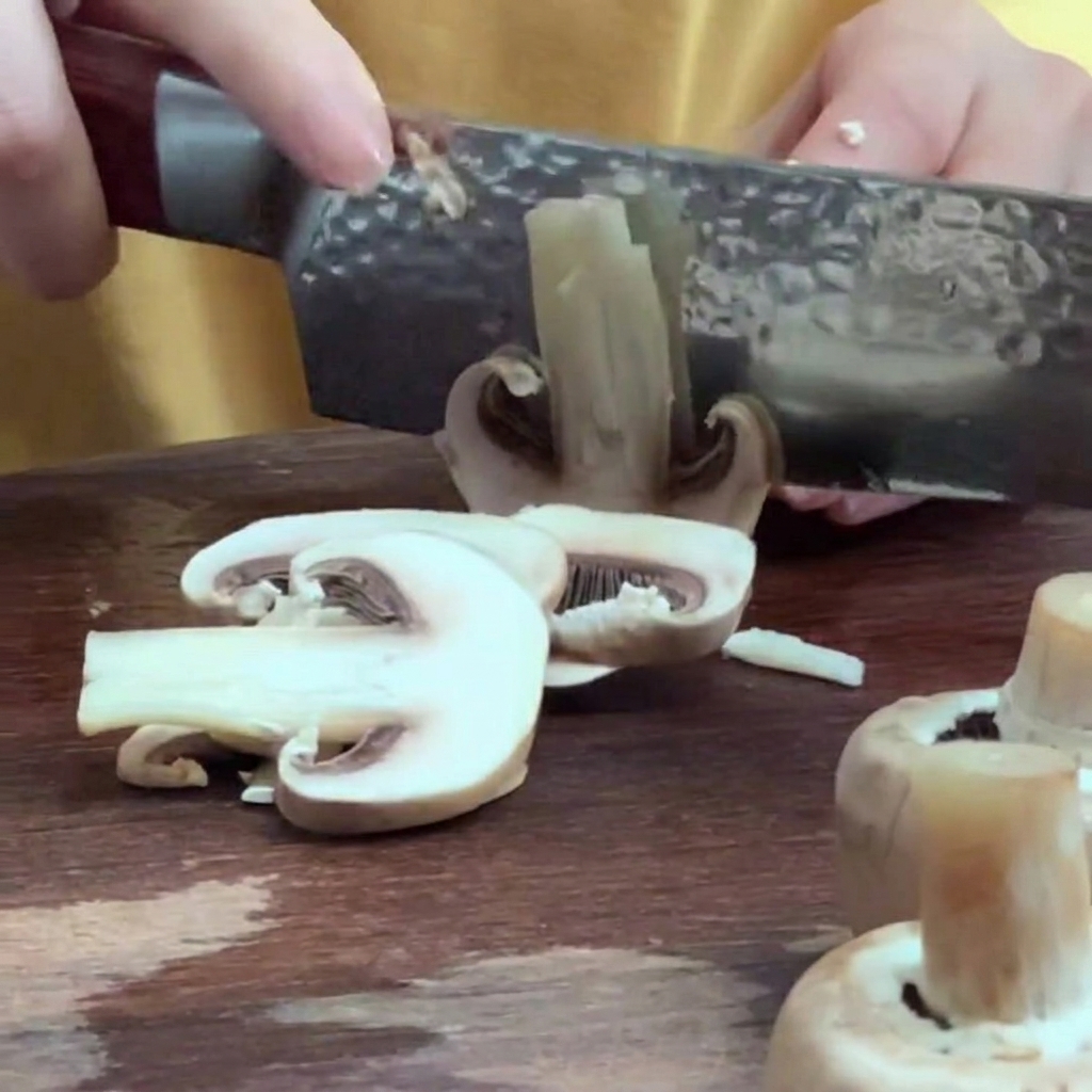 Funghi freschi tagliati in fettine sottili e uniformi su un tagliere di legno.