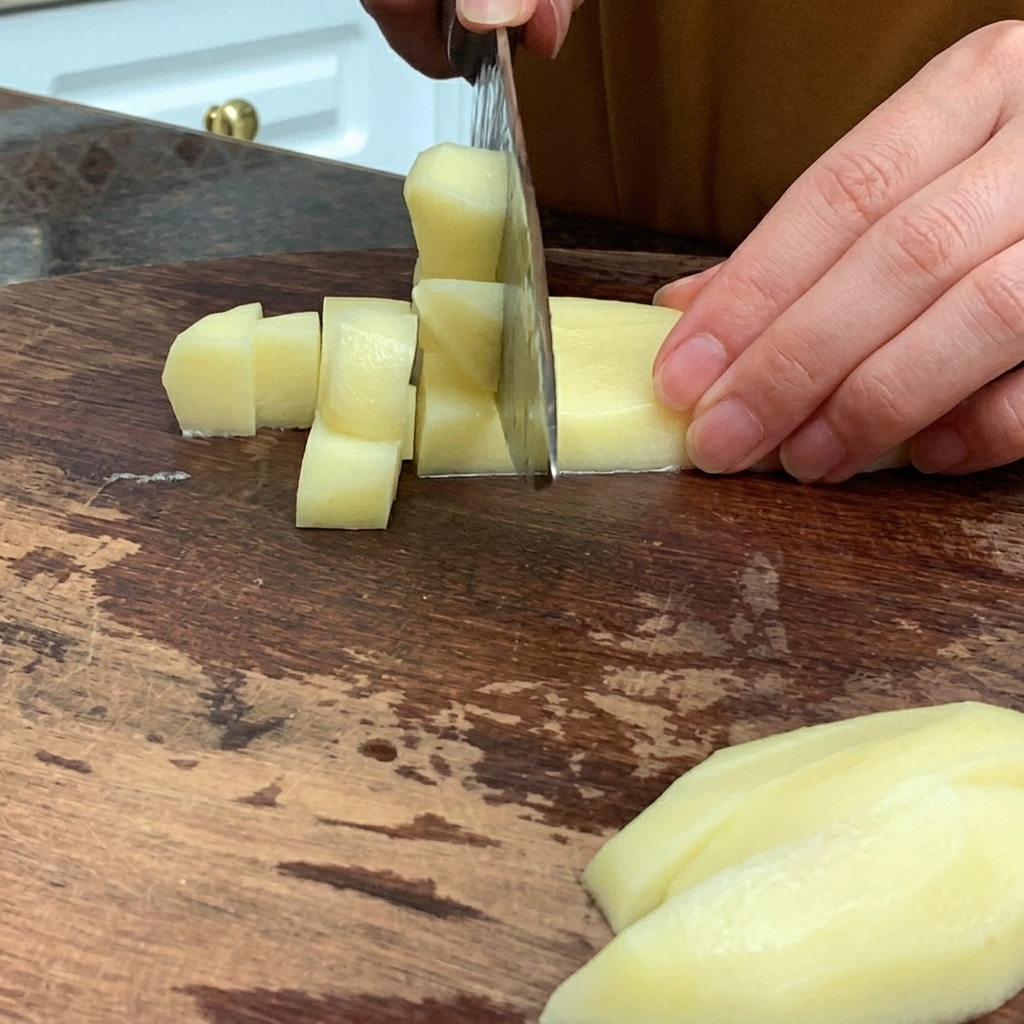 Una patata sbucciata cruda tagliata in piccoli cubetti uniformi su un tagliere.
