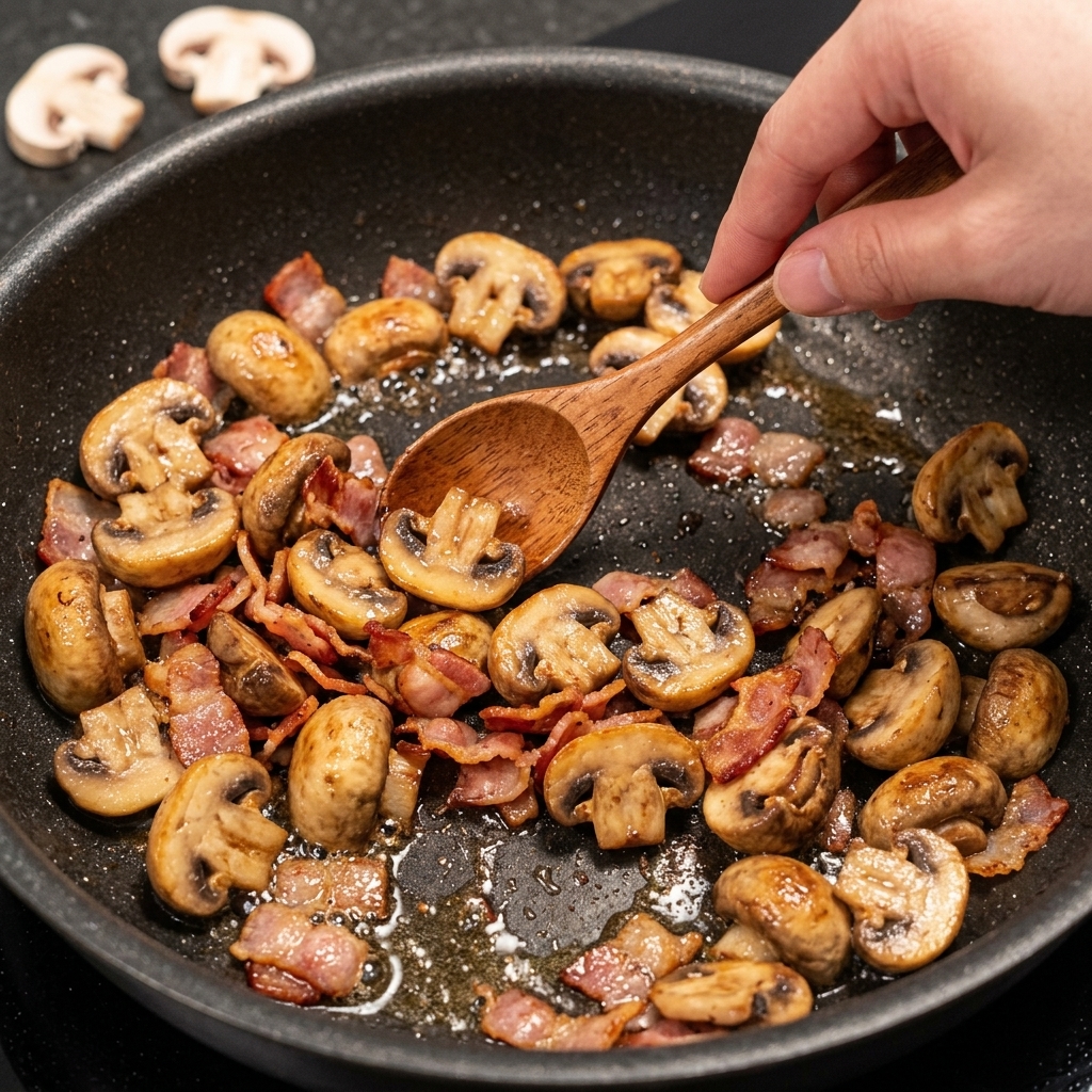 Funghi affettati che saltano in padella insieme al bacon croccante e al suo grasso.