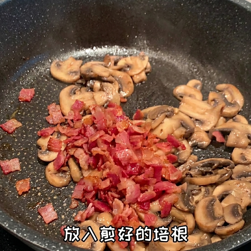 Bacon e vongole crude uniti ai funghi saltati in padella.