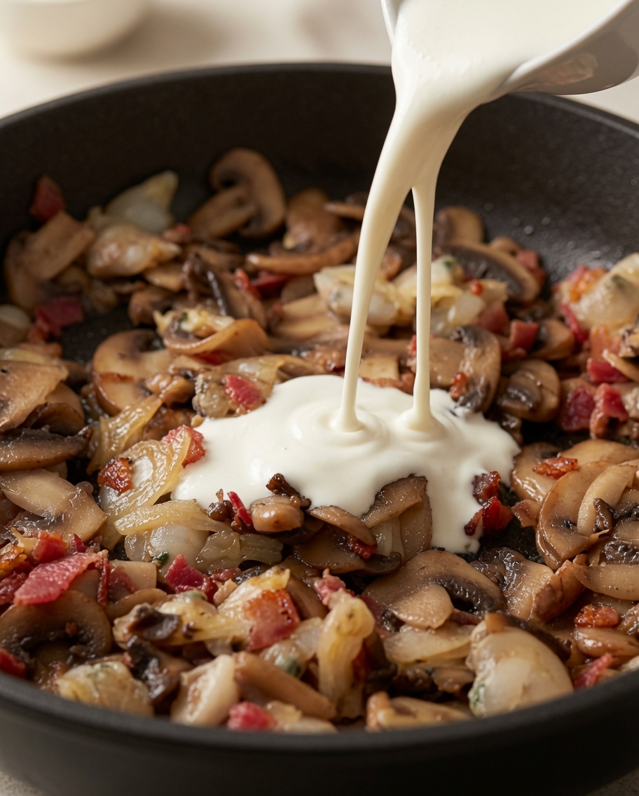 Panna fresca versata su funghi, bacon e vongole in padella.