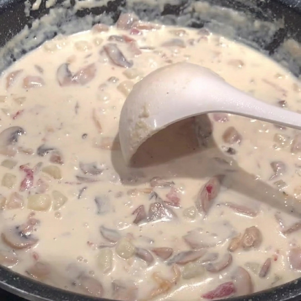 Un mestolo bianco appoggiato in una pentola di zuppa cremosa, mentre viene aggiunto del sale.