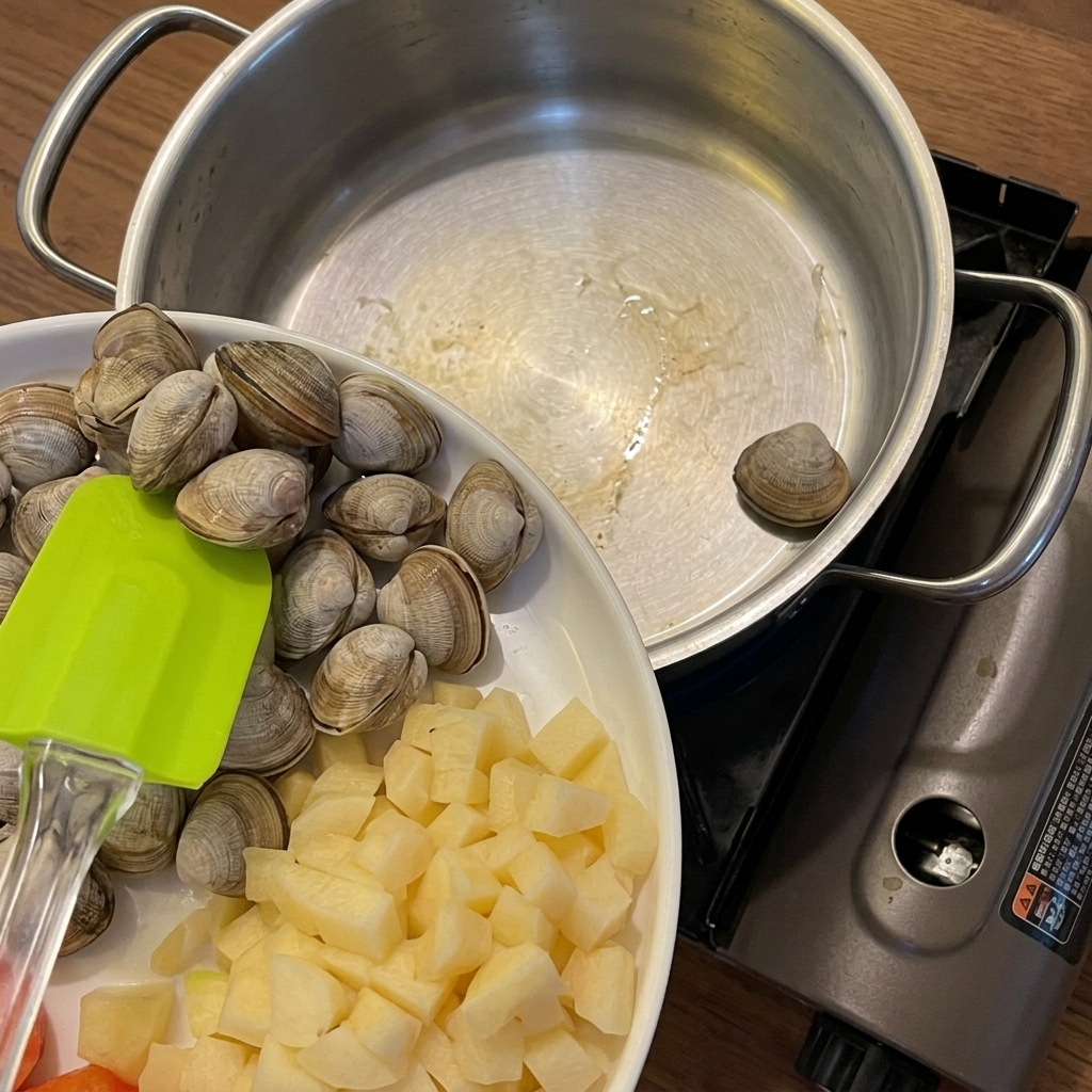 Vongole fresche, patate a cubetti e carote affettate in una pentola dacciaio prima di aggiungere i liquidi.