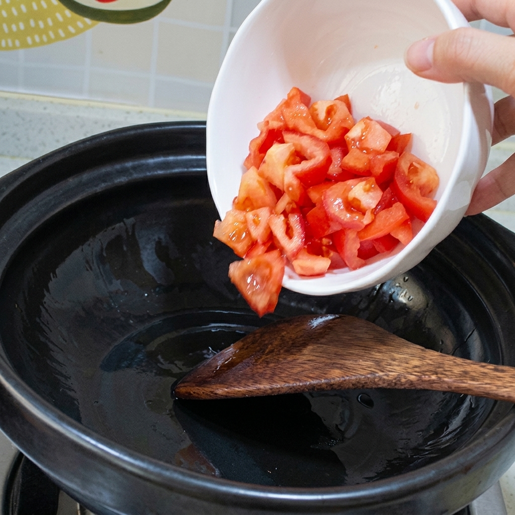 Pomodori tritati che soffriggono in un tegame di terracotta finché non si ammorbidiscono rilasciando il succo.
