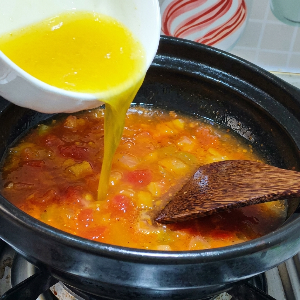 Brodo di pollo versato in un tegame con i pomodori soffritti.