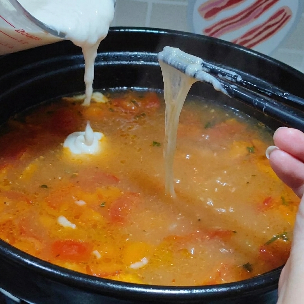 Pastella versata a filo nel brodo bollente per formare piccole gocce.