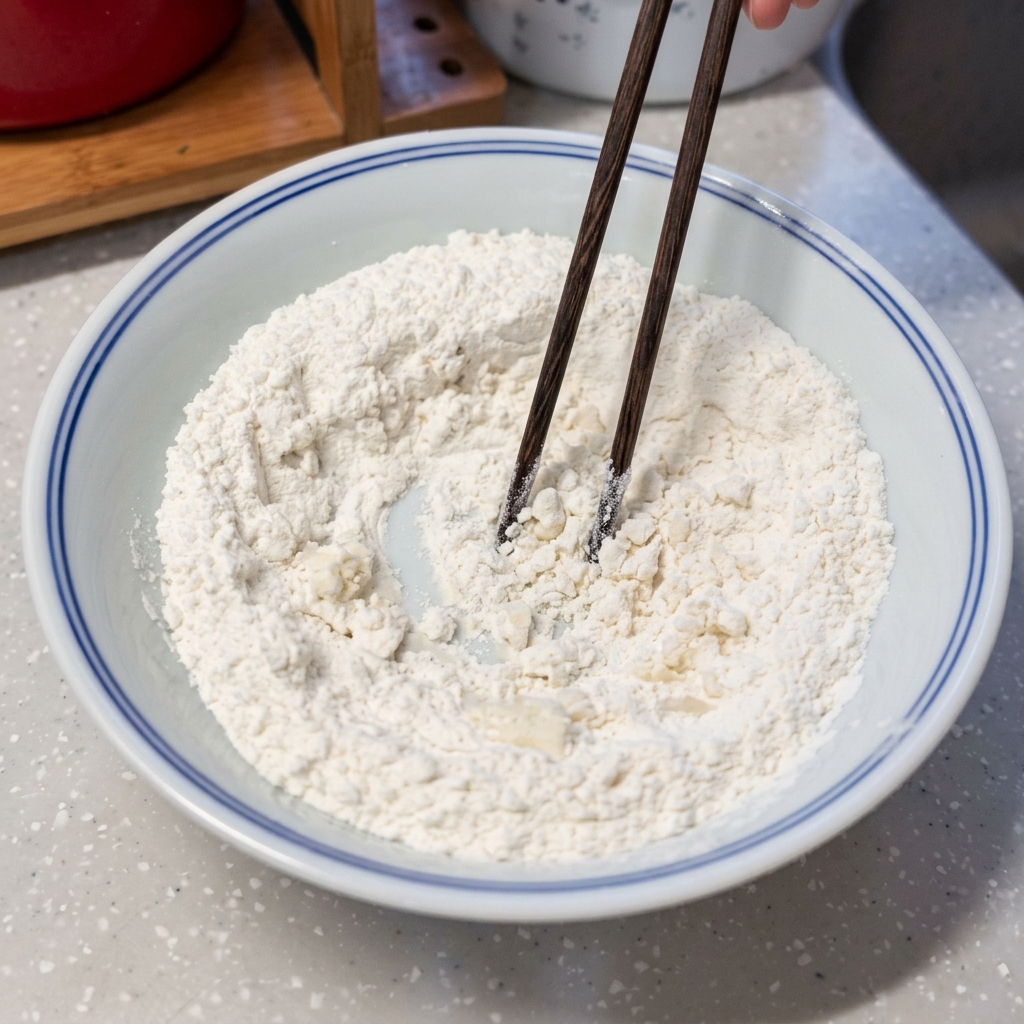 Farina in una ciotola bianca mescolata con le bacchette per creare piccoli grumi.