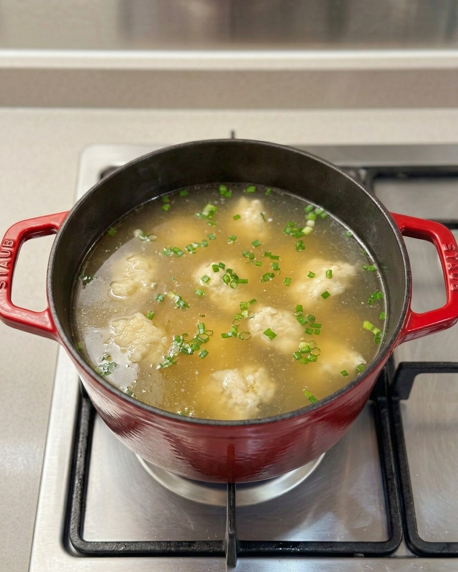 Gnocchetti di farina mescolati nel brodo di pollo bollente.