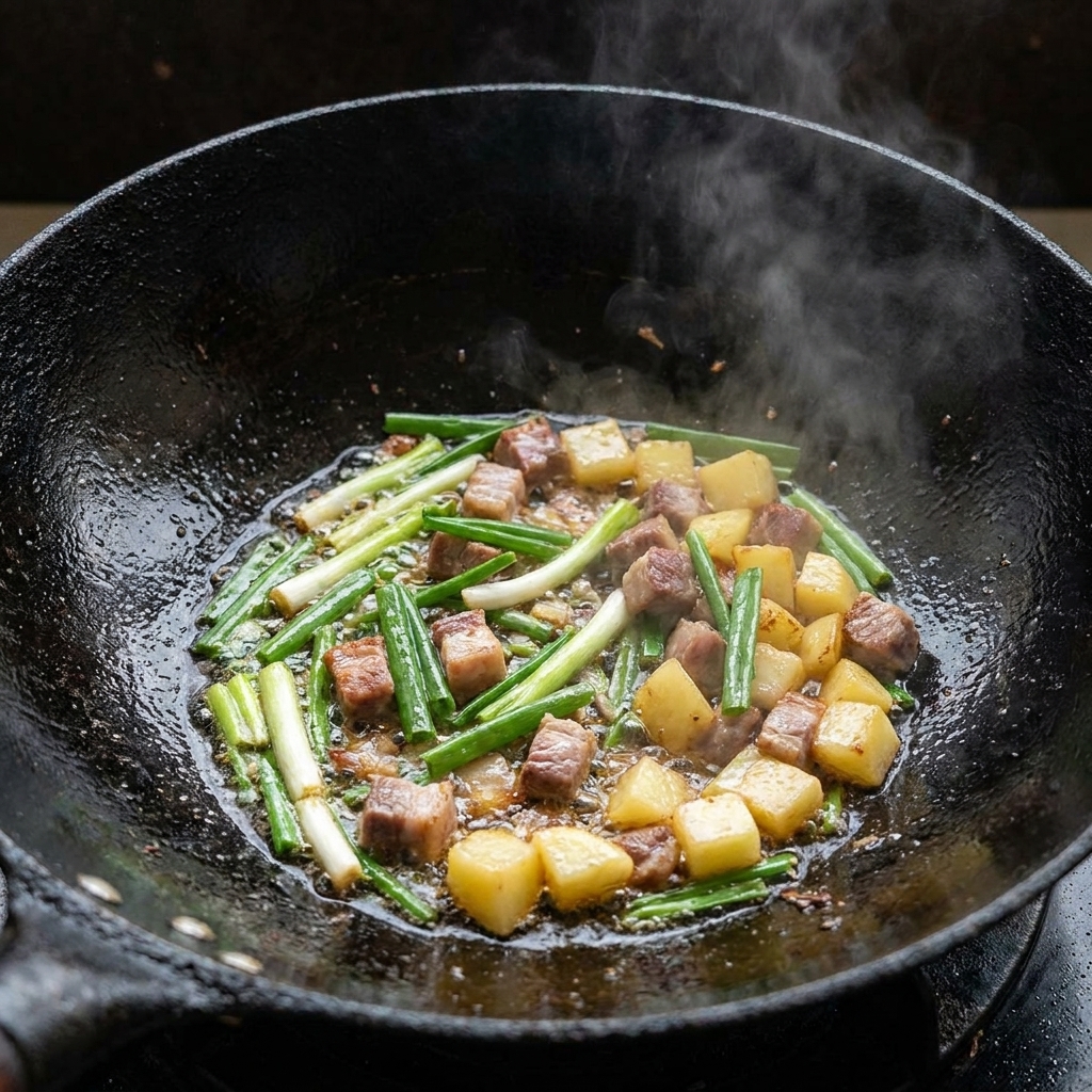 Il brodo di ossa viene versato nel wok contenente carne, patate e cipollotti soffritti.
