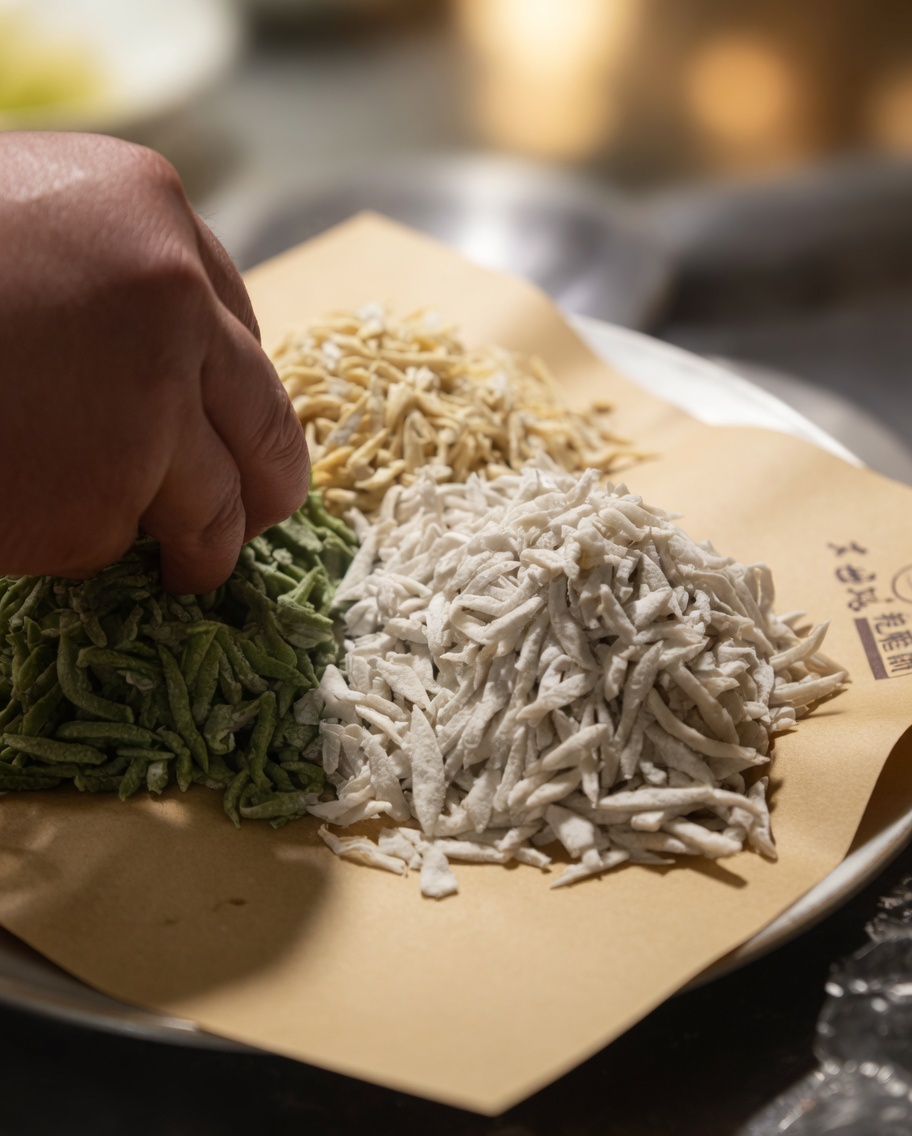 Piccoli pezzi di impasto colorati aggiunti a una pentola di zuppa in ebollizione.