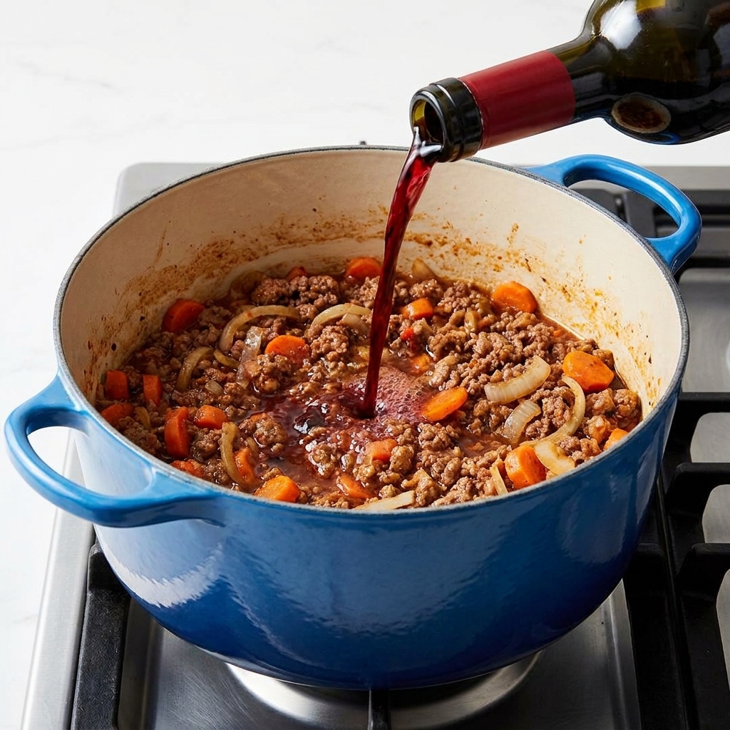 Vino rosso versato nella carne rosolata, creando vapore e deglassando il fondo.