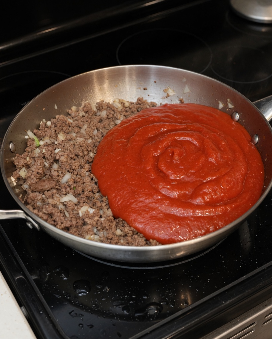 Sugo di pomodoro aggiunto alla base di carne e verdure in una pentola grande.