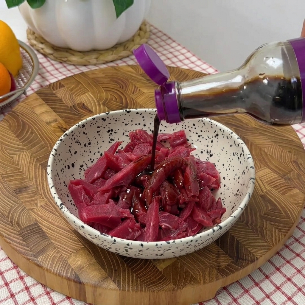 Strisce di manzo in una ciotola condite con salse di soia, pepe nero e olio.