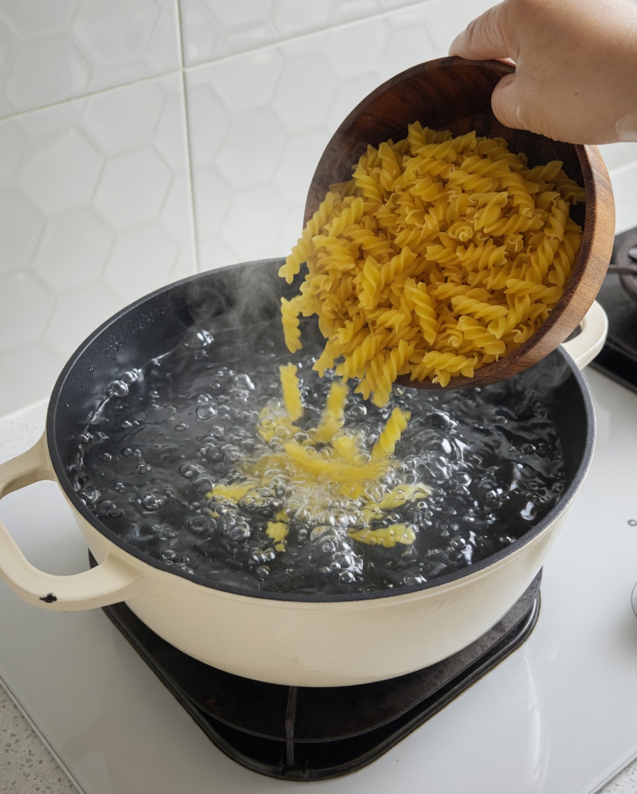 Fusilli versati in una grande pentola dacqua bollente.