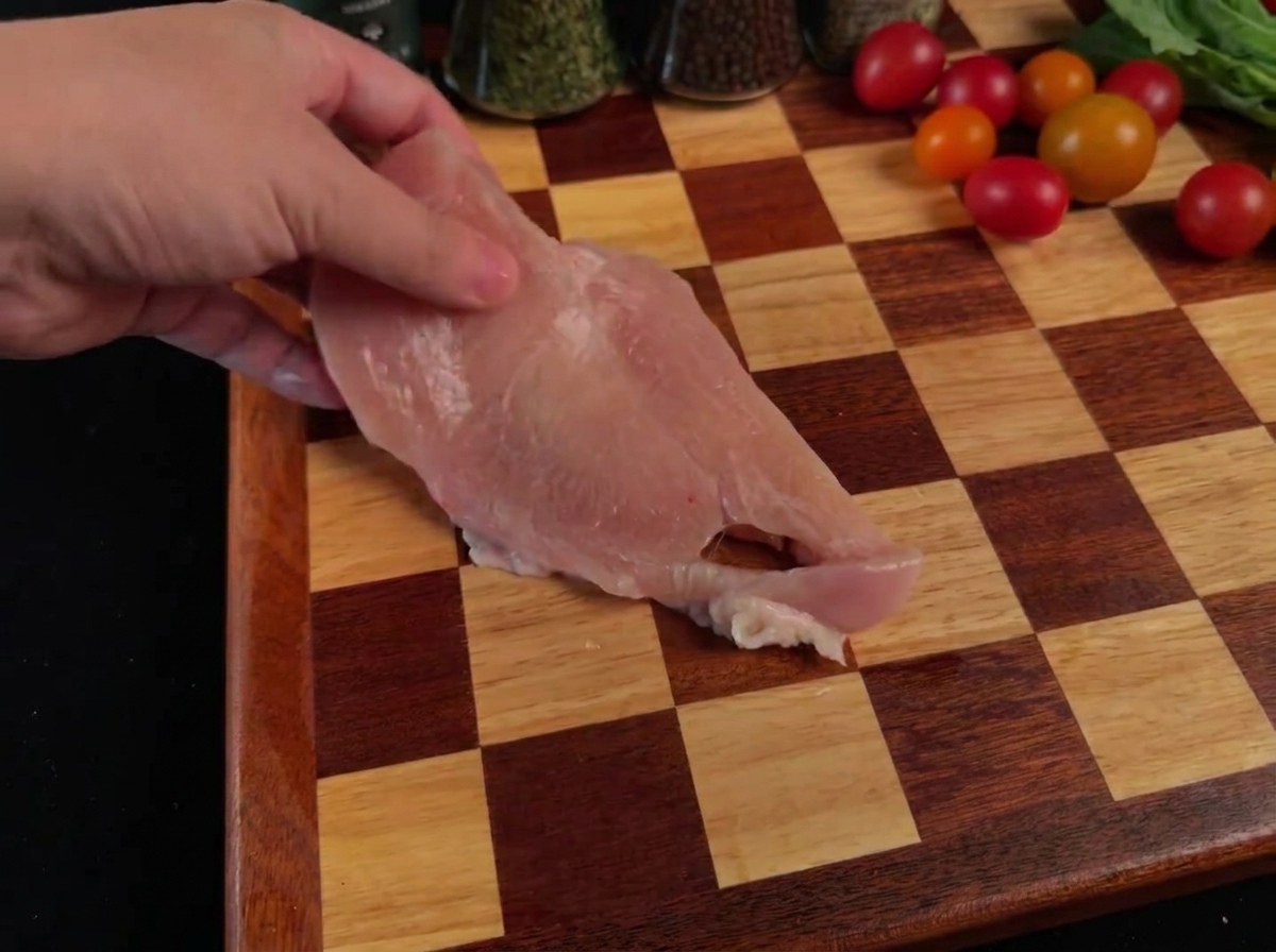 Petti di pollo appiattiti su un tagliere dopo essere stati battuti.