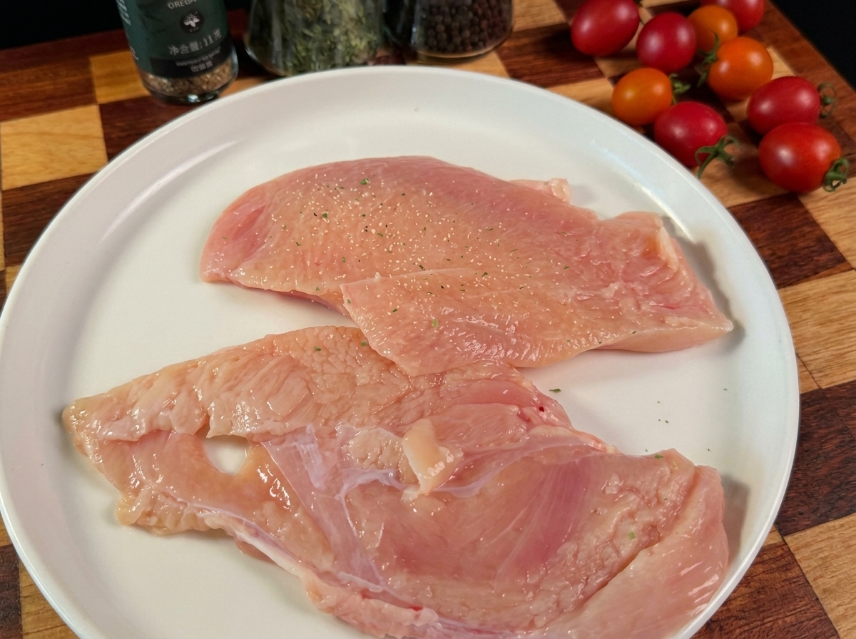 Pezzi di pollo crudo conditi pronti su un piatto bianco.