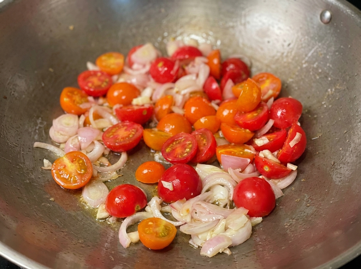 Salsa di pomodoro densa che sobbolle con erbe aromatiche.