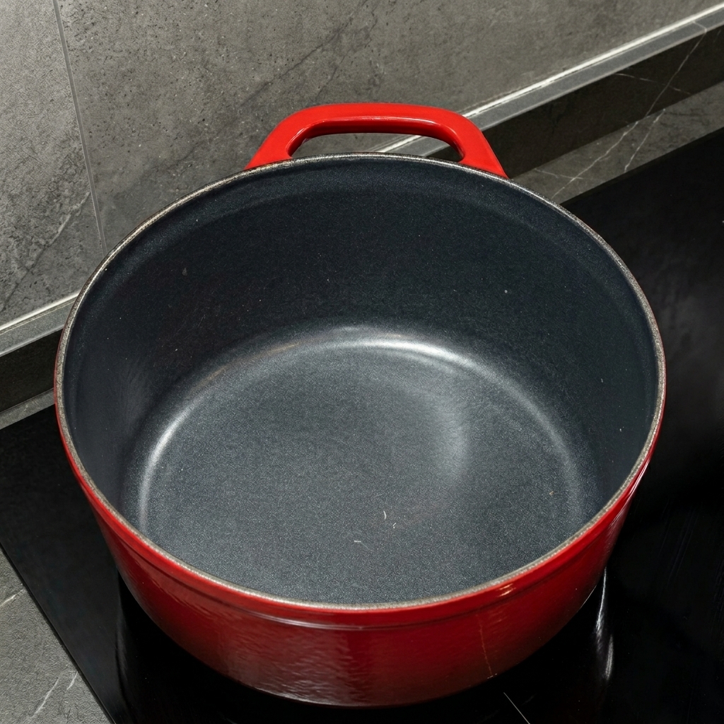 Un panetto di burro che si scioglie in una pentola rossa diventando liquido.