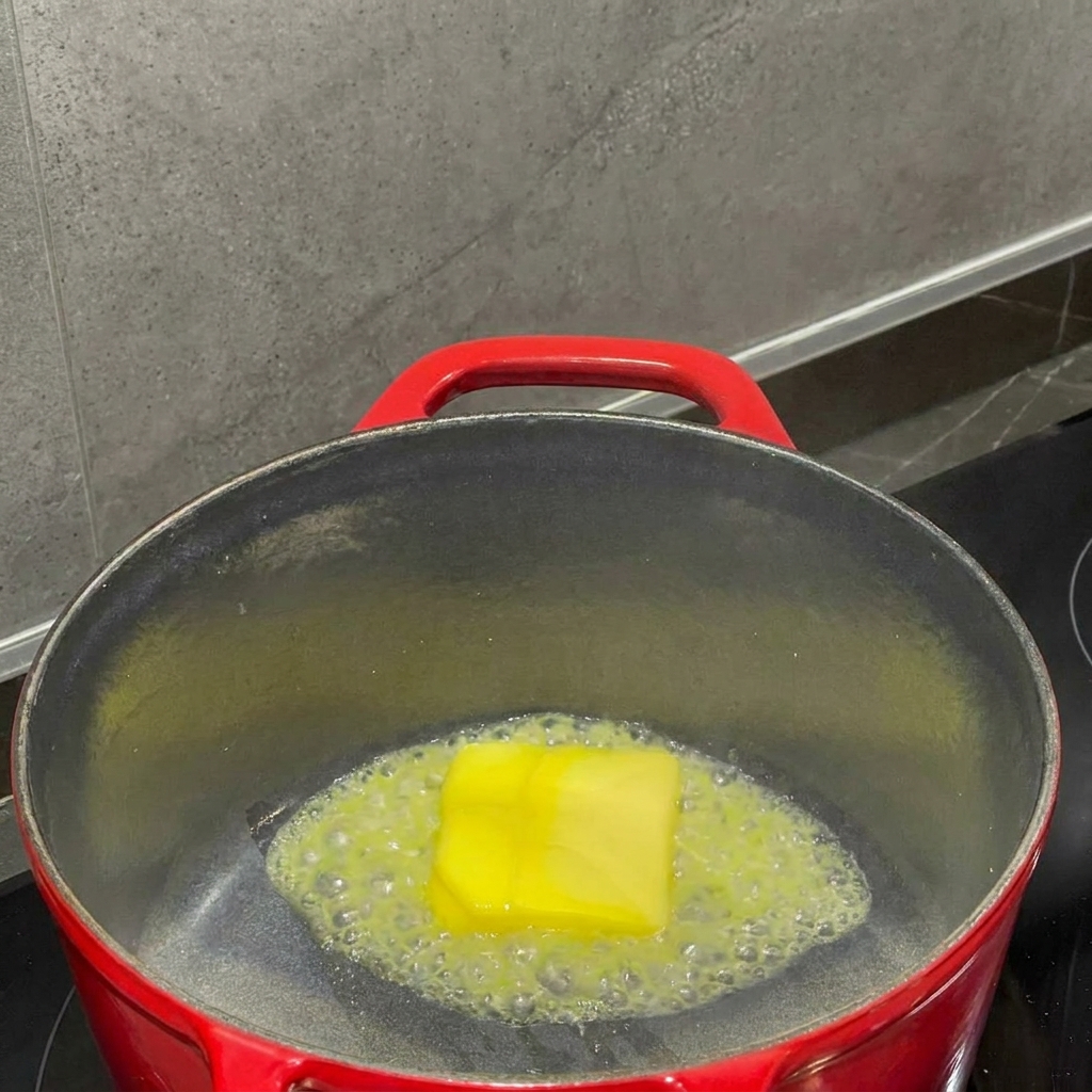 Farina aggiunta al burro fuso e mescolata con una frusta per formare una pasta liscia.