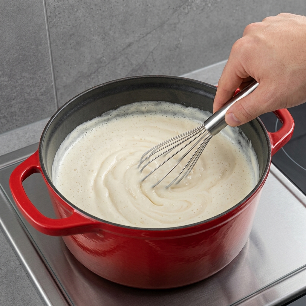 Una frusta che mescola il cheddar e il parmigiano nella salsa bianca cremosa.