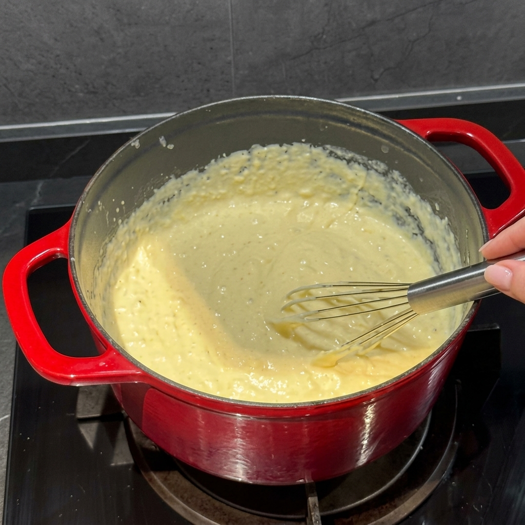 Maccheroni mescolati nella densa salsa cremosa al formaggio.