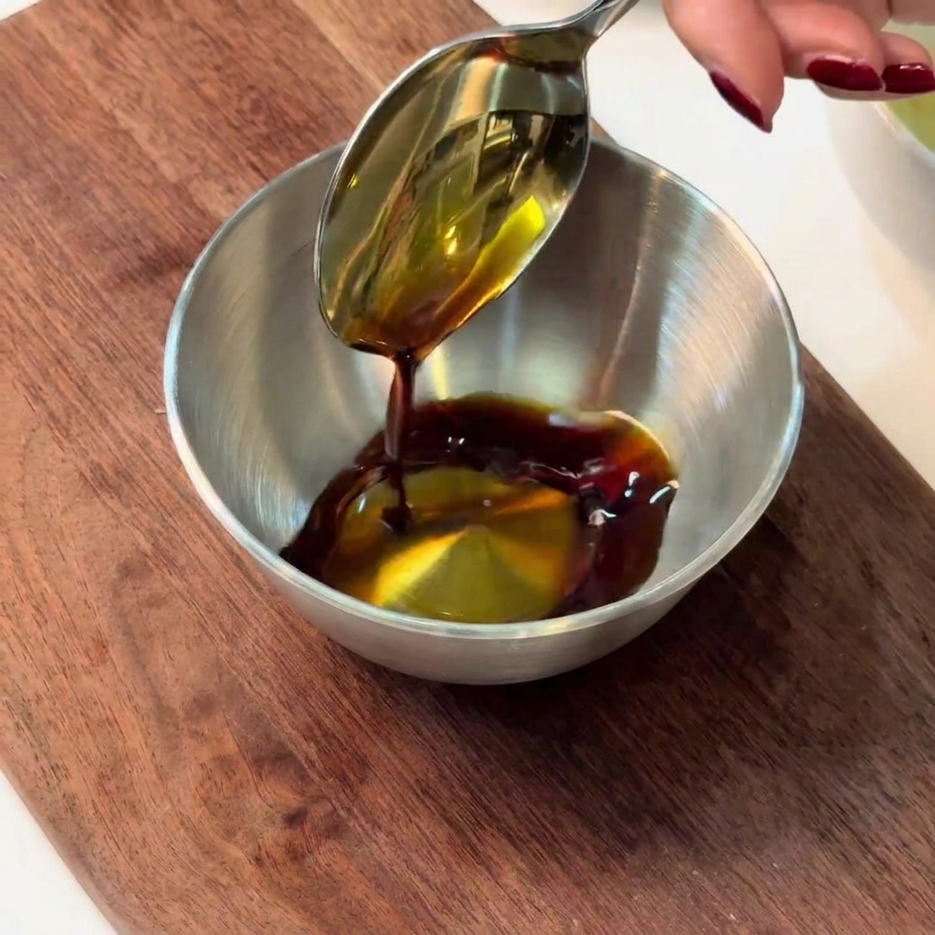 Una ciotola di metallo contenente gli ingredienti della salsa stir-fry mescolati con un cucchiaio.