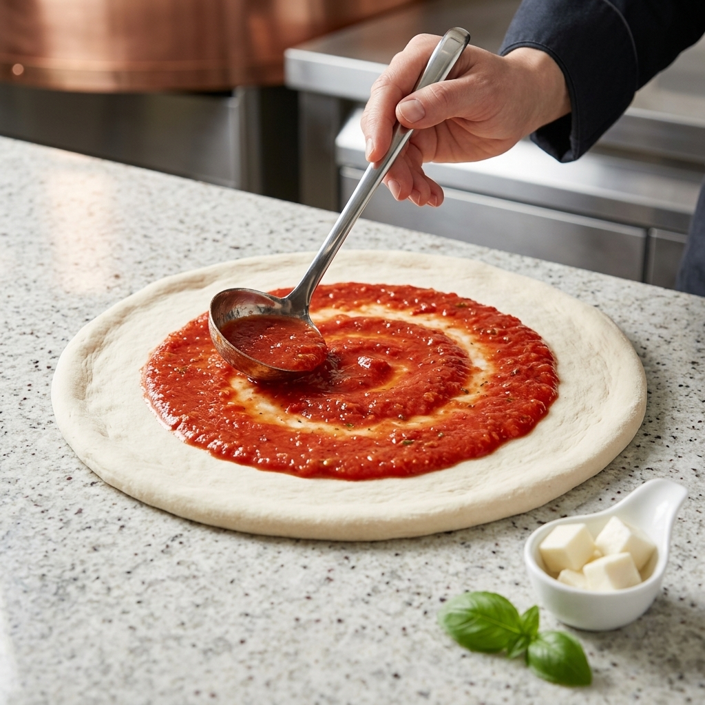 Salsa di pomodoro distribuita su una base di pizza rotonda con un mestolo.