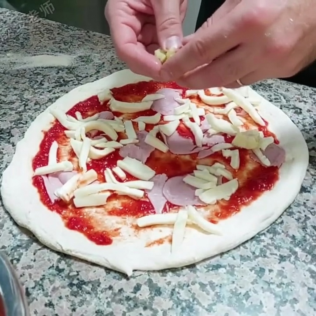 Pezzi di cuori di carciofo disposti sopra la mozzarella e il prosciutto.
