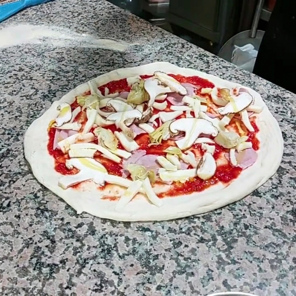 Olio doliva versato a filo sopra gli ingredienti della pizza.