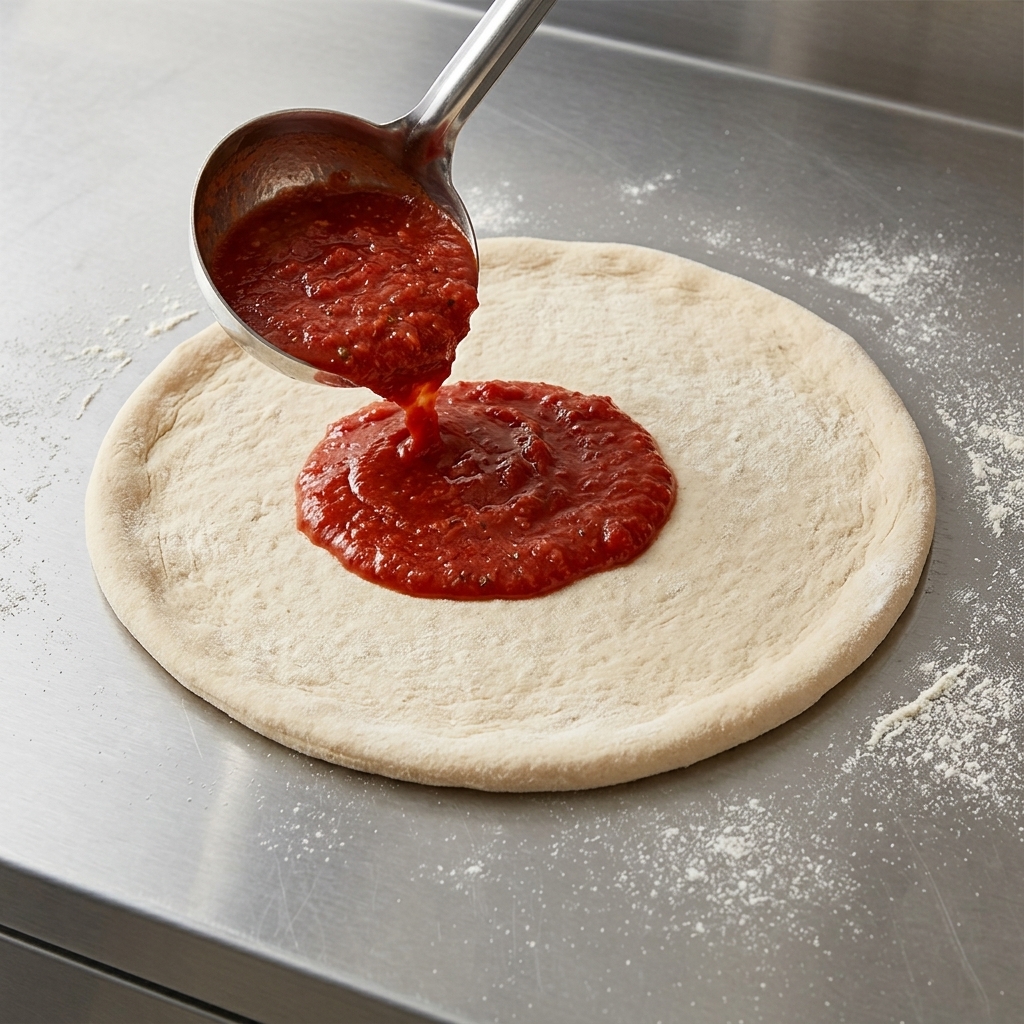 Un mestolo che stende la salsa di pomodoro con movimento circolare sulla pasta per pizza fresca.
