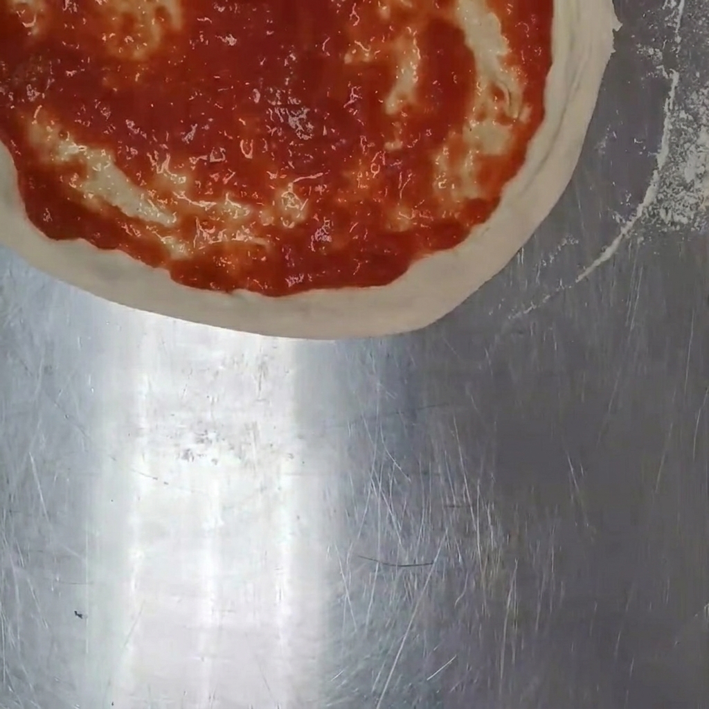 Pezzi di mozzarella fresca sparsi a mano sulla salsa di pomodoro sopra limpasto.