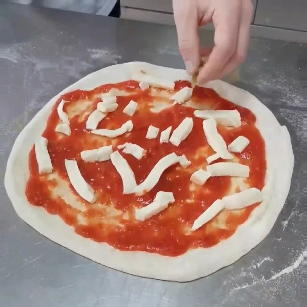 Metà di carciofi grigliati posizionati con cura sulla pizza, disposti sopra la mozzarella e la salsa.