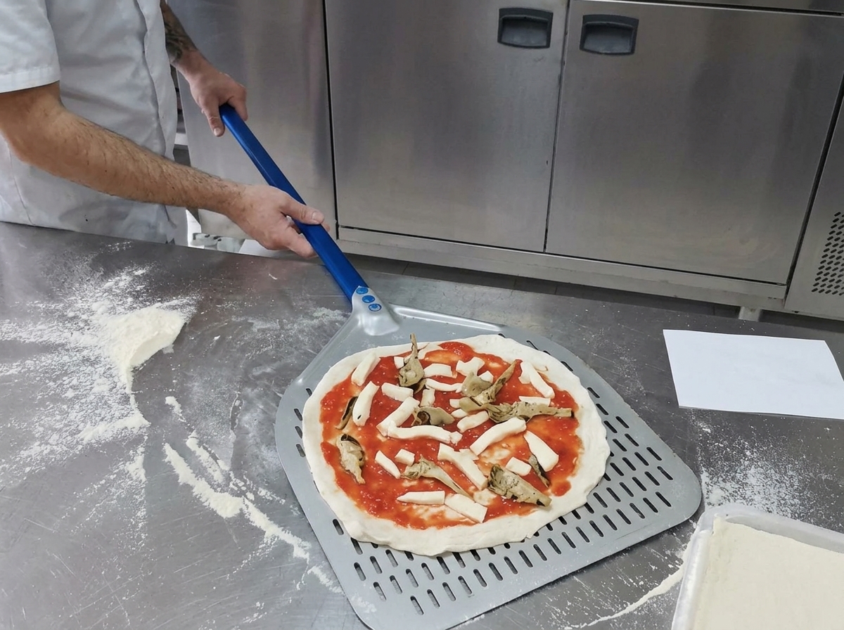 Una pala metallica che solleva una pizza cruda in un forno per pizza professionale caldo.