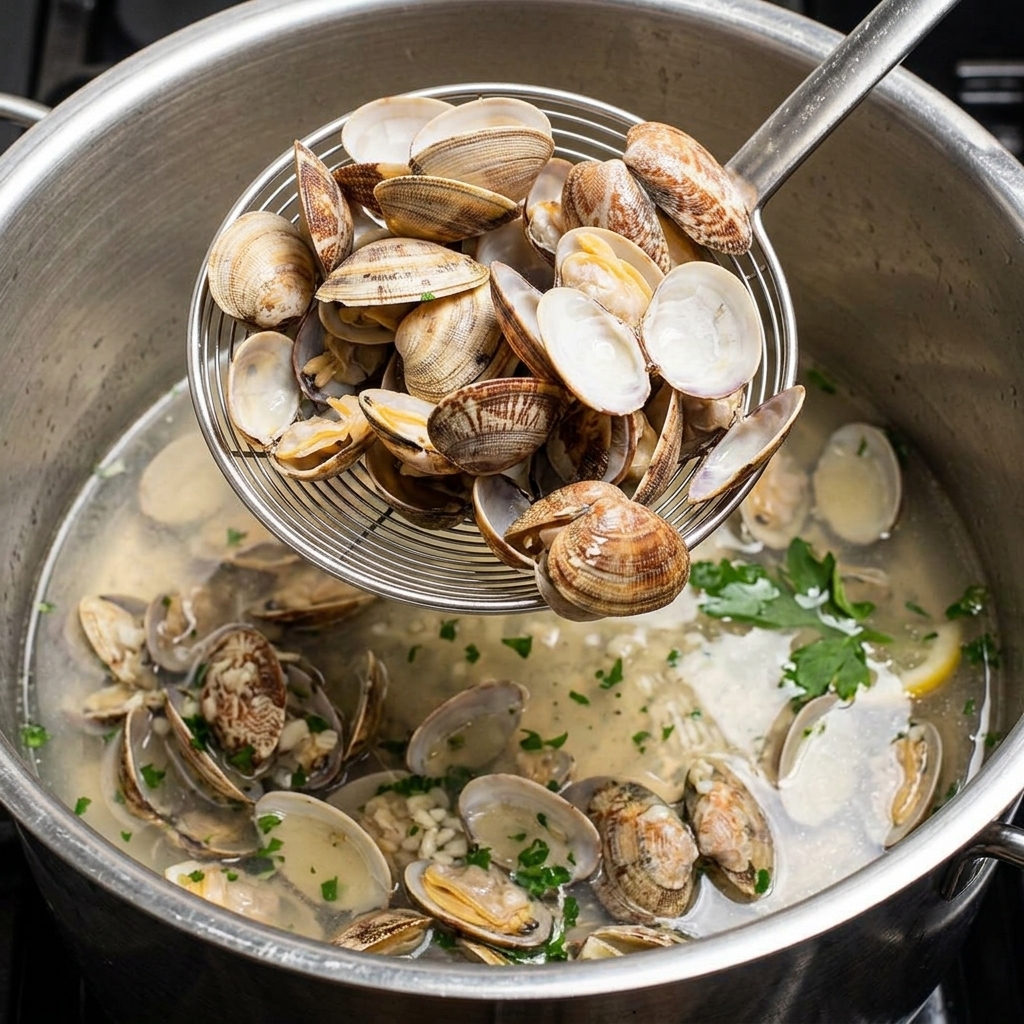 Una schiumarola in metallo che solleva le vongole cotte e aperte da una pentola di brodo.